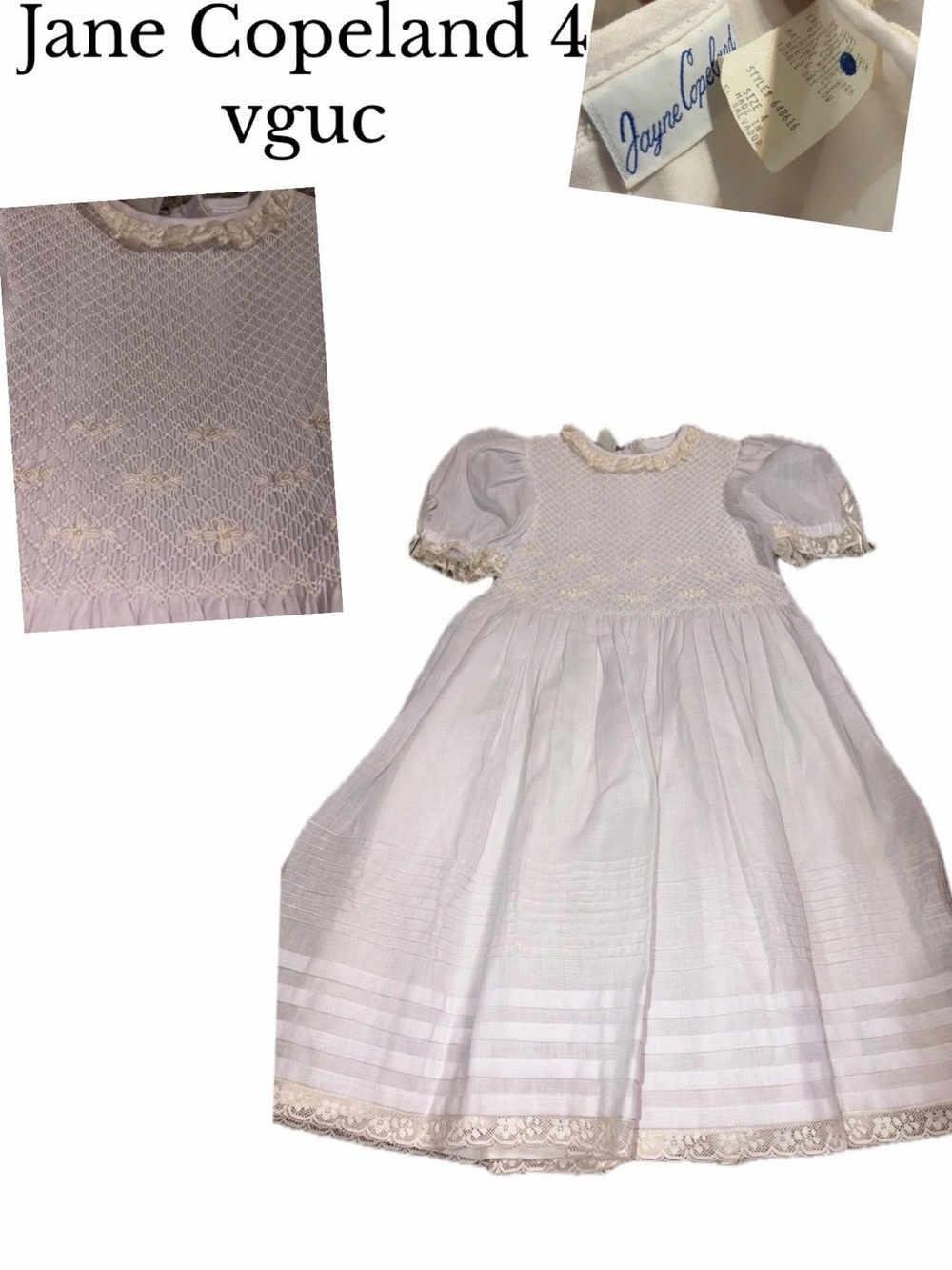 Jayne Copeland size 4 girls hand smocked white dress vintage